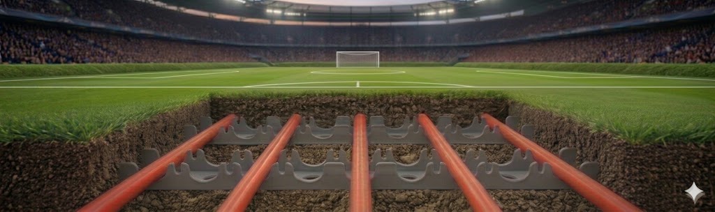 Stadion-Rasen mit Heizrohr im Bodenaufbau – Rasenheizung für ganzjährig bespielbare Sportplätze